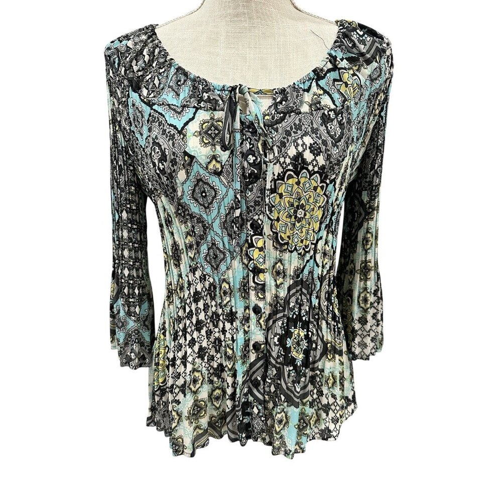 Larry Levine Womens Top S Boho Style Multi-Color Pleated 3/4 Sleeve